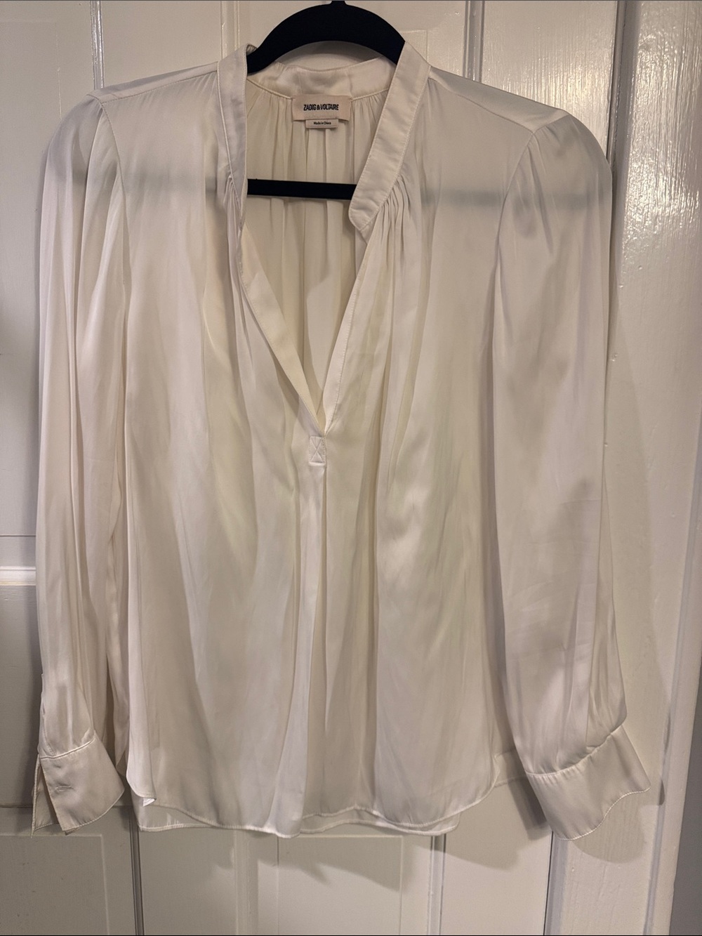 Zadig & Voltaire Ivory Satin V-Neck Long Sleeve Blouse